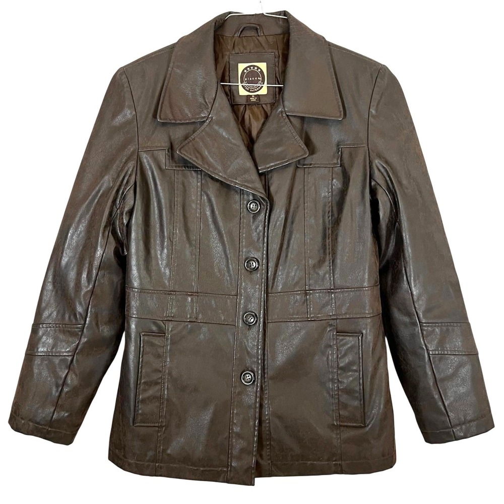 Vintage Giacca Gallery Women's Brown Faux Leather Jacket Coat Lined‎ Button Up M